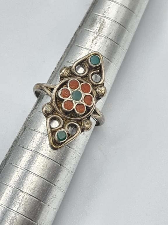 Vintage Sterling Turquoise Coral Ring Sz 6