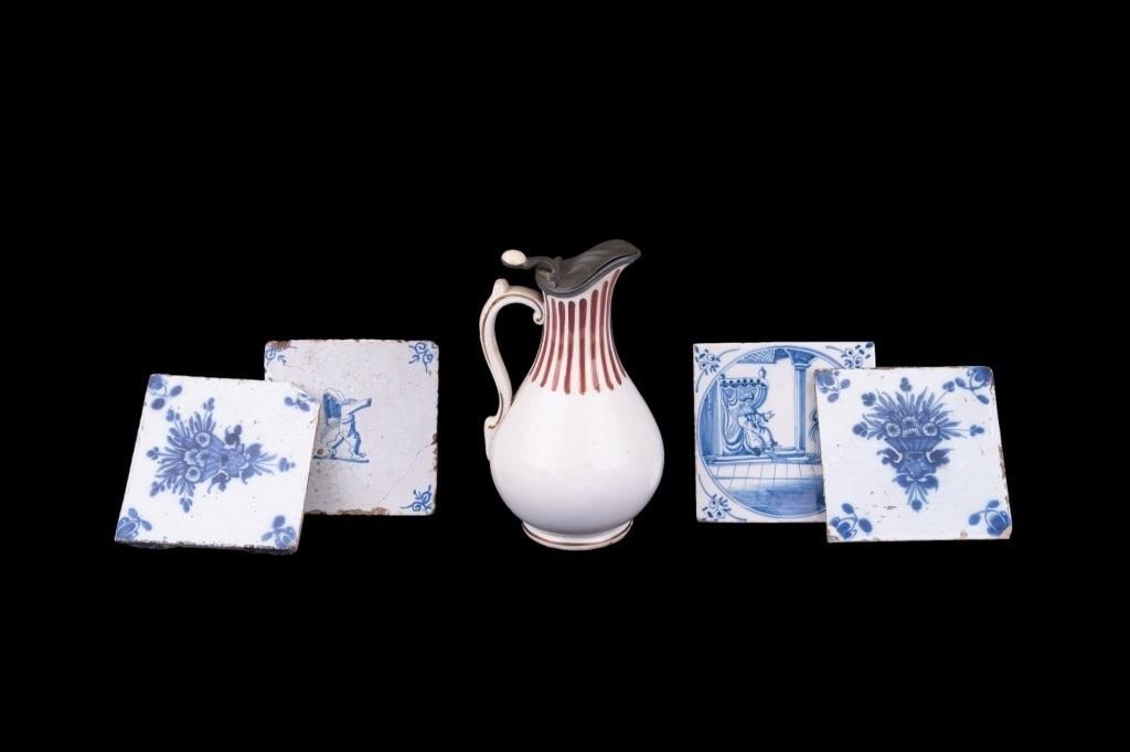 19th C Lidded Syrup Jug, Blue/White Dutch Tiles