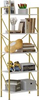 5-Tier White Bookcase, Modern Unit, Gold