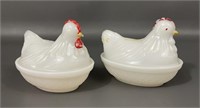 Two Vintage Milk Glass Hens On A Nest