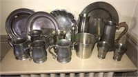 15 pieces of pewter including mugs, plates,