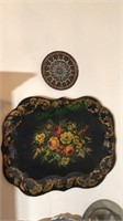 Hand painted floral tray, 28 x 23, another hand