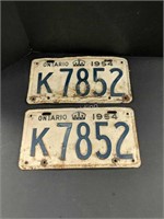 2 Ontario License Plates 1954 Original Pair