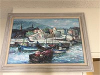 Oli On Canvas - Boats In The Harbor, Ron Bradford