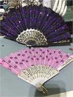 2 Hand Fan Victorian Purple and pink Gold Paint
