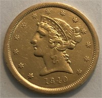 1840 $5 Liberty Head Gold Coin