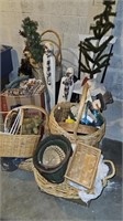 Baskets, dollies, wood snowman decor, fabrics,