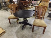 2 WOODEN HIGH BACK CHAIRS & BLACK WOODEN TABLE