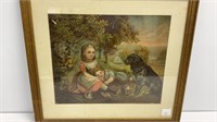 Lithograph of dog and young children, matted in