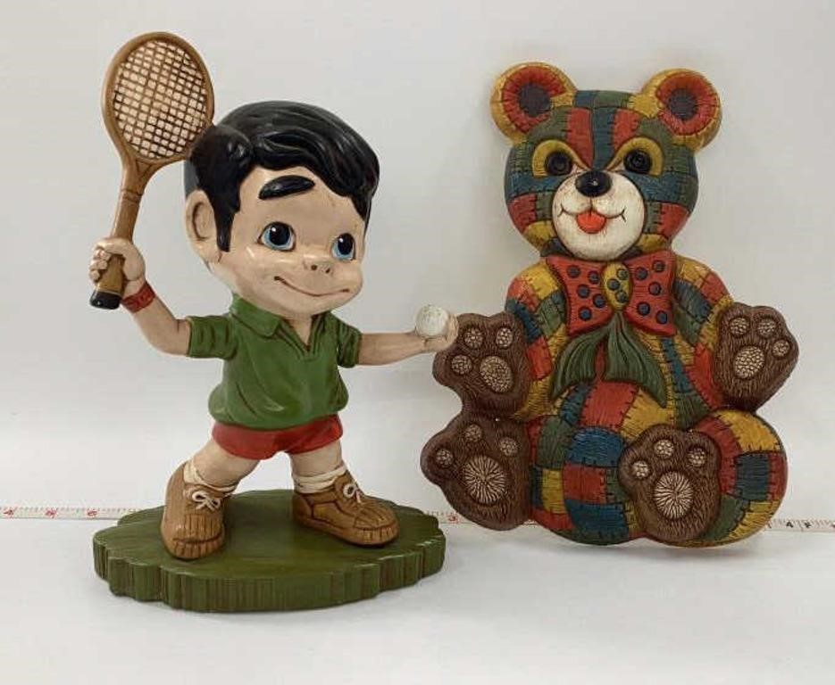 Vintage Foam Teddy Bear and Boy playing Tennis