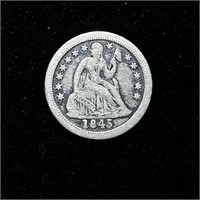 1845-O 90% SILVER SEATED LIBERTY DIME