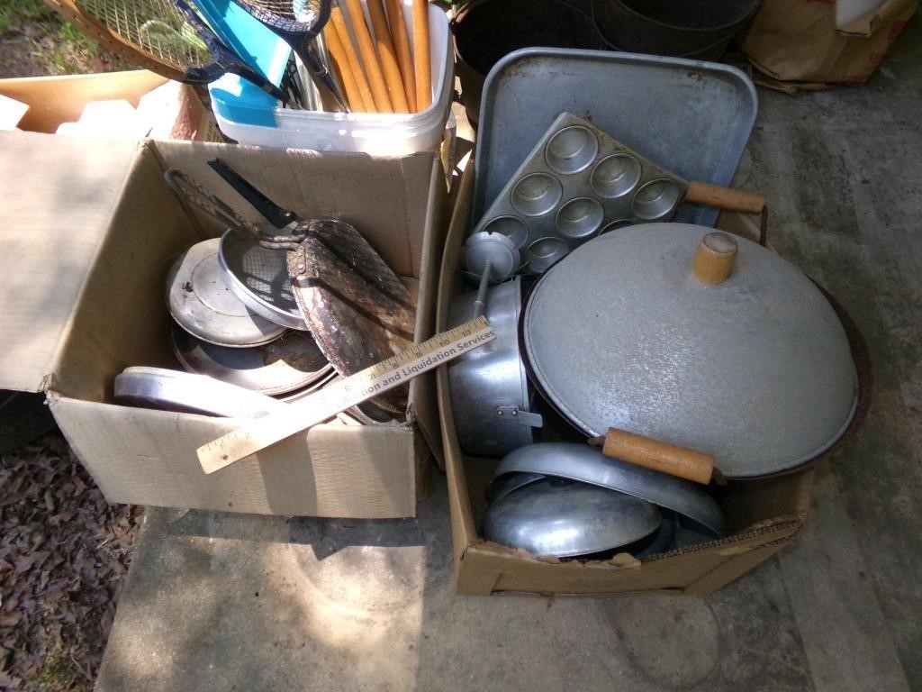 Two Boxes of Pots, Pans, Lids, Wok