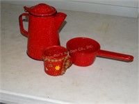 Red enamel cup, dipper & coffee pot