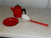 Enamel dipper, plate and coffee pot