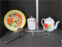 Enamelware Bowl, Teapot, Coffeepot + Ricer + Jar