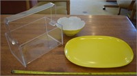Vintage acrylic handled basket & yellow tray bowl
