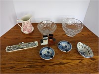 2 Crystal Bowls, 2 Delft Ashtrays, Small Pitcher,