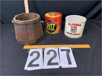 2 Tins & Wooden bucket no handle