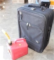 (2) totes with lids, suitcase, fuel can