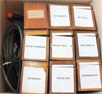 box lot - wooden boxes marked 1/4" sockets, air