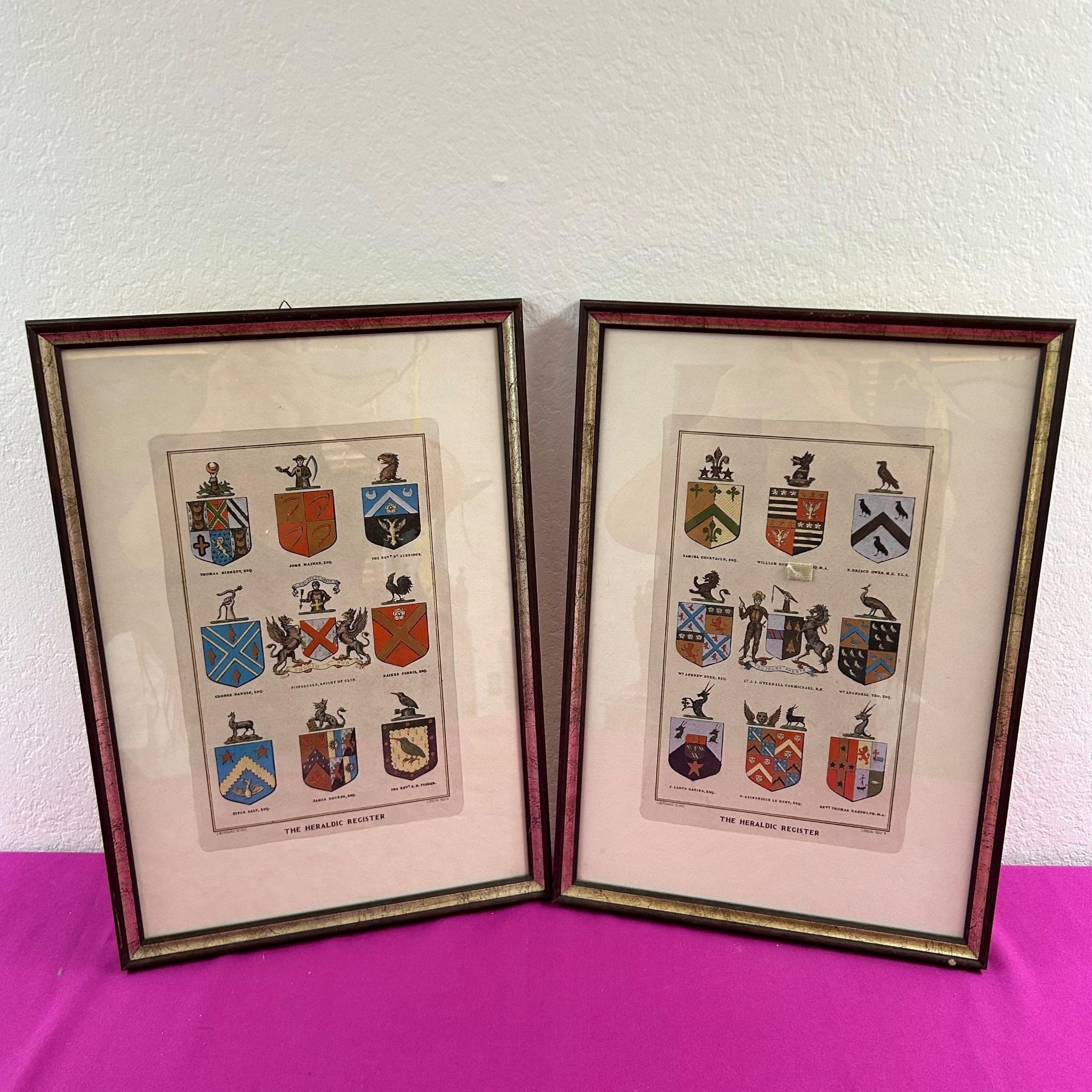Pair Heraldic Register Coats of Arms Framed