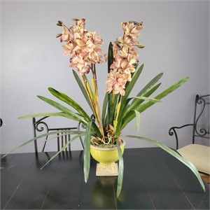 Green Ceramic Planter w/ Faux Orchids 32"T
