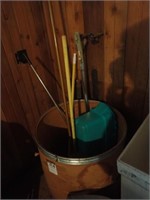 Barrel w/ Push Broom, (2) Mops, Broom,