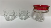 thumbprint glass, (2) glass creamer pitchers