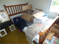 BOX OF ITEMS & QUEEN BED FRAME