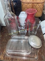 Pyrex lids, shaker lid, glasses, bottle and