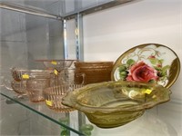 Depression Glass with Paint Decorated Plate