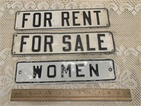 (3) SMALL METAL SIGNS FOR SALE/FOR RENT/WOMEN
