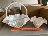 2 hobnail milk glass ruffled baskets. No stamps