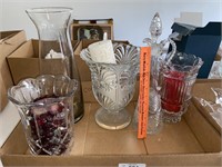 Box lot of glass vases and decanter
