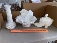 3 hobnail milk glass items, shoe dish with