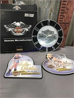 Harley Davidson clock in box, 2 signs