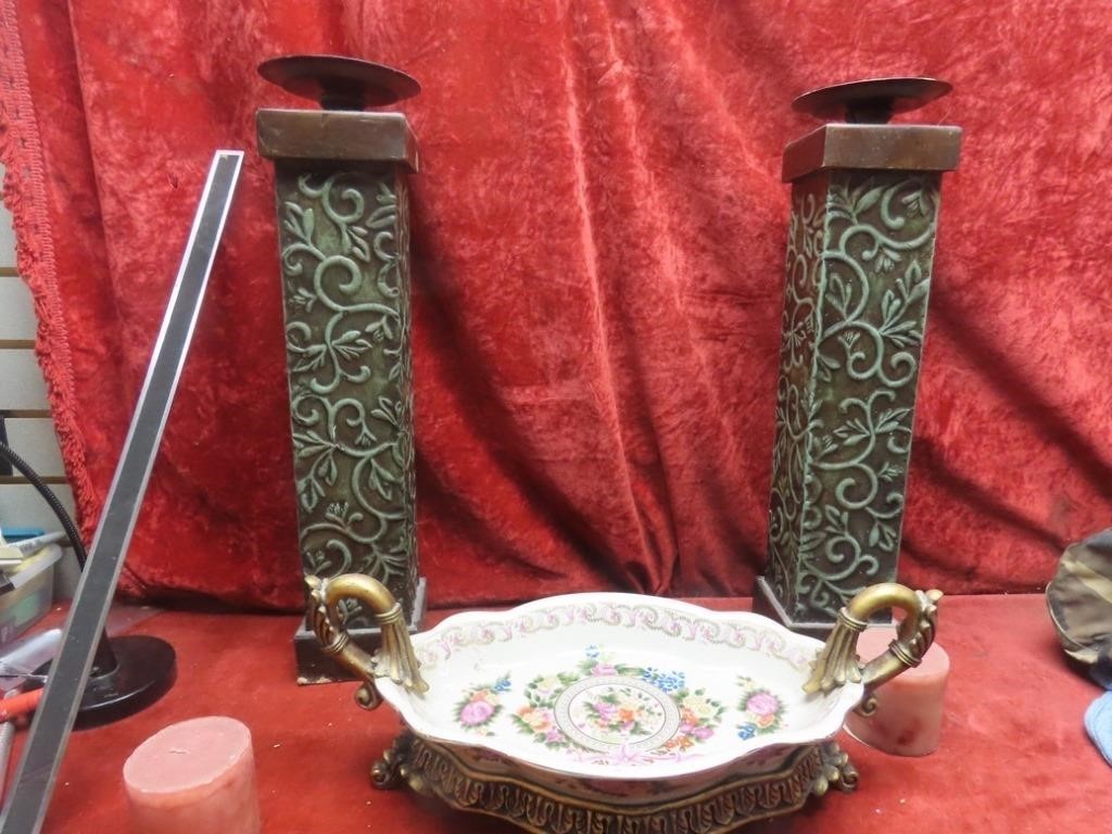 Pillar candle sticks, large footed bowl.