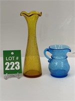 Yellow Kanawha Crackle Glass Vase and Small Blue
