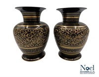 2 VTG India Black/Gold Etched Flowered Vases