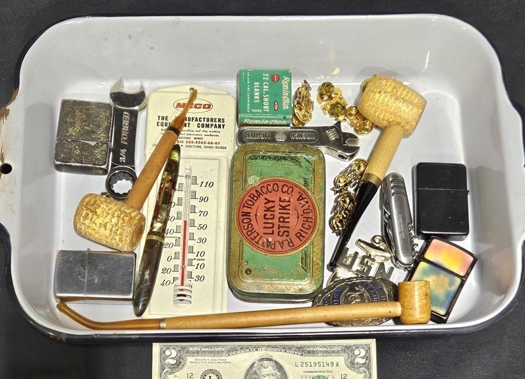 Vintage Treasure Box - Lucky Strike Tin, Pipes +