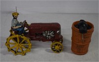 Tractor and Whiskey Barrel Cast Iron Banks