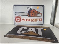 CAT and Husqvarna metal signs