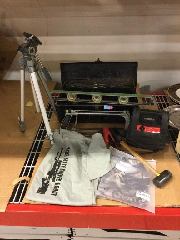 Tshirts, argus tripod, toolbox with contents and