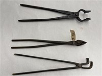 (3)Assorted Antique Blacksmith Tongs w/ 14.5" Rein
