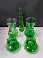 5 Vintage Green Glass Vases