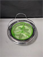Vintage Green Vaseline Glass Pickle Serving Dish
