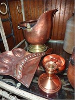 Copper Coal Shovel, Candlesticks, Brush & Dustpan