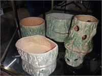 4 Bark Decorated Pottery Planters & Vase (English)