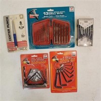 Drill bits, hex key, screw drivers, center punch