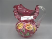 Fenton 7" HP cranberry pitcher w/Pansies